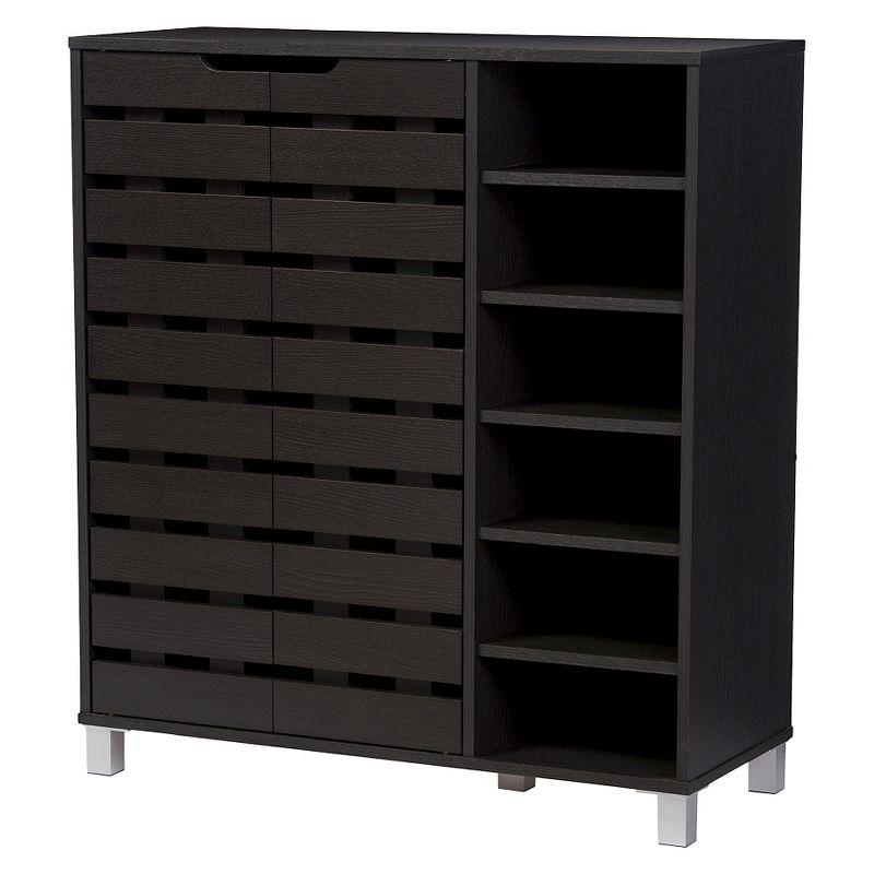 Shirley Modern and Contemporary Wood 2-Door Shoe Cabinet with Open Shelves - Dark Brown - Baxton Studio: Espresso Finish, Metal Frame, 10 Compartments