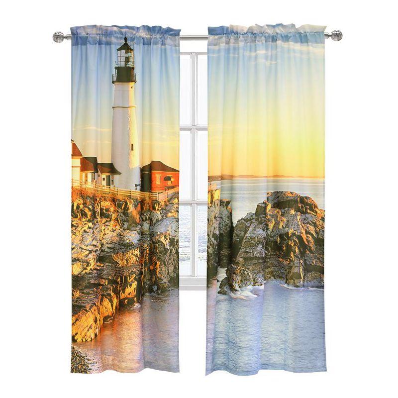 Habitat Photo Real Lighthouse and Ambient Surroundings Sunrise Light Filtering Pole Top Curtain Pair Each 38" x 84" Multicolor