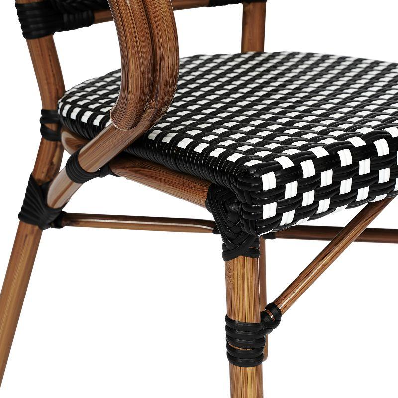 Emma & Oliver Soie Indoor/Outdoor Stacking Thonet Bistro Style Chair with Arms, Black & White PE Rattan Seat and Natural Bamboo Finished Metal Frame