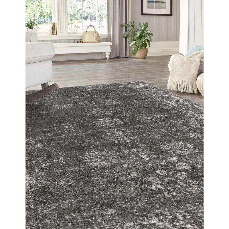 Dark Gray Floral Motif Synthetic Area Rug