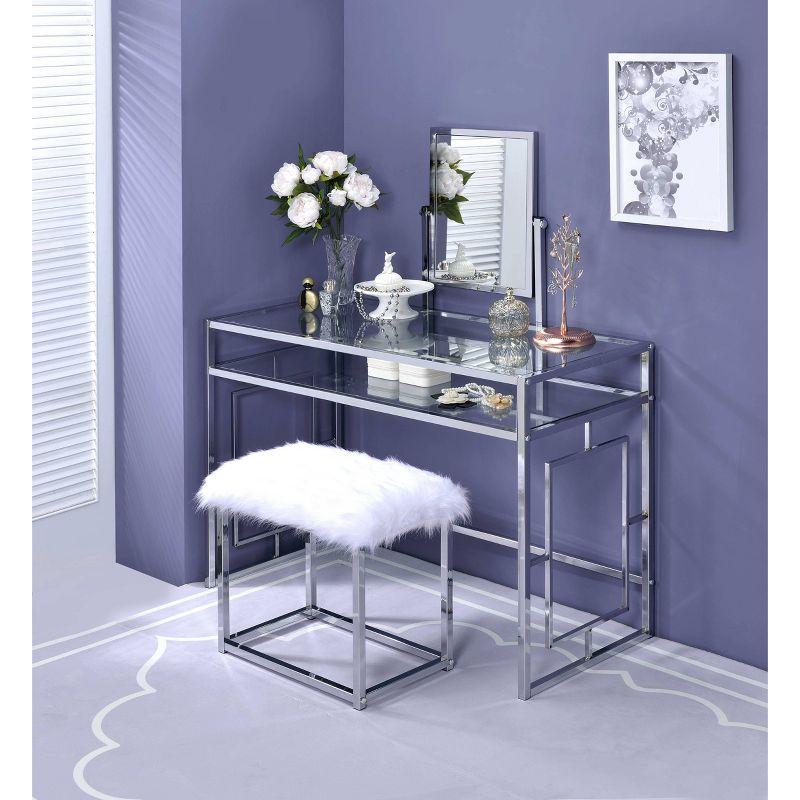 Acme Furniture Carenze Ii Vanity Table White Faux Fur/Chrome Finish