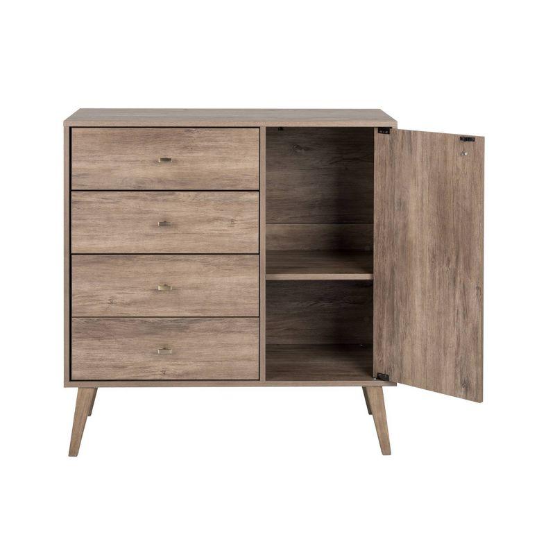 Prepac Milo Mid-Century Modern 4 Drawers Chest with Door Drifted Gray: Laminated Storage, Metal Glides, Adjustable Shelf