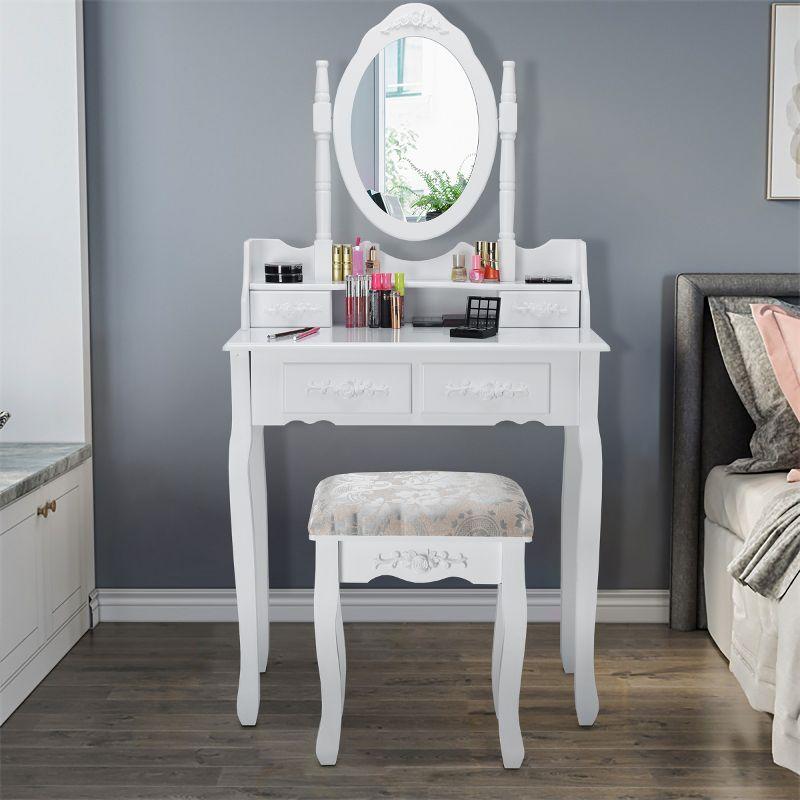 Costway Vanity Wood Makeup Dressing Table Stool Jewelry Desk 4 White