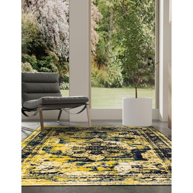 Reversible Navy Blue and Yellow Synthetic Area Rug 4'x6'