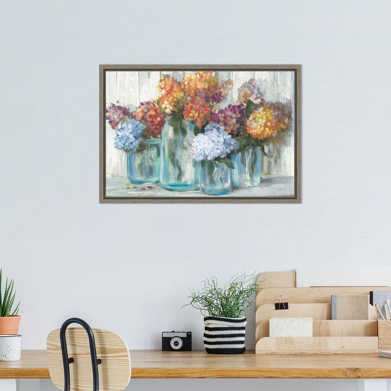 Amanti Art Fall Hydrangeas in Glass Jar Crop by Carol Rowan Framed Canvas Wall Art