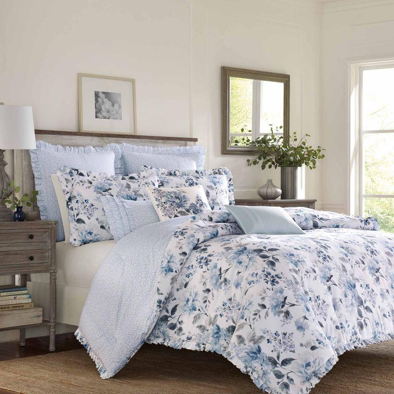 White and Blue Floral Cotton Full Comforter Set with Ruffles