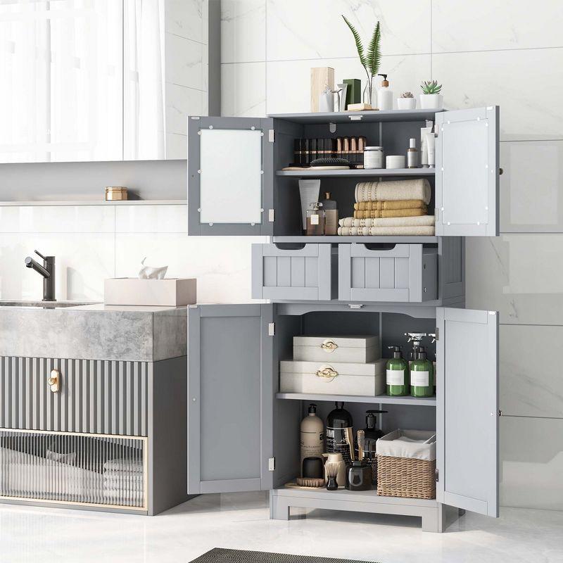 Costway Bathroom Floor Storage Cabinet Kitchen Cupboard with 2 Drawers & Glass Doors Grey