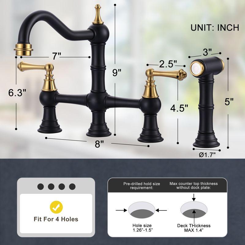 Black and Gold Double Handle Bridge Kitchen Faucet with Side Sprayer