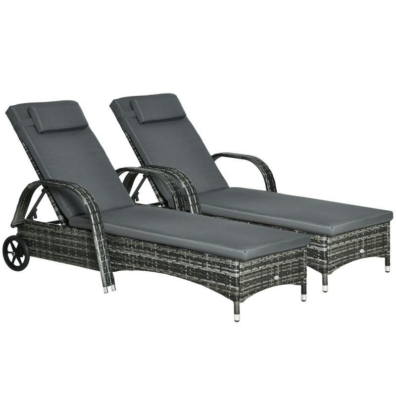 Gray Wicker Outdoor Chaise Lounge Set with Cushions and Wheels