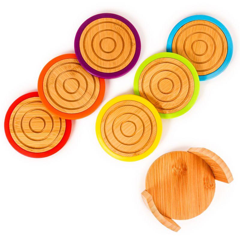 Eco-Friendly Bamboo and Colorful Silicone 6-Piece Coaster Set