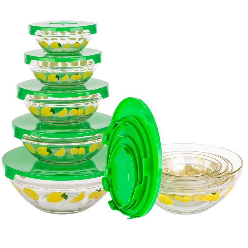 20-Piece Glass Bowls with Lids Set - Lemon Design Mixing Bowls Set with Multiple Sizes