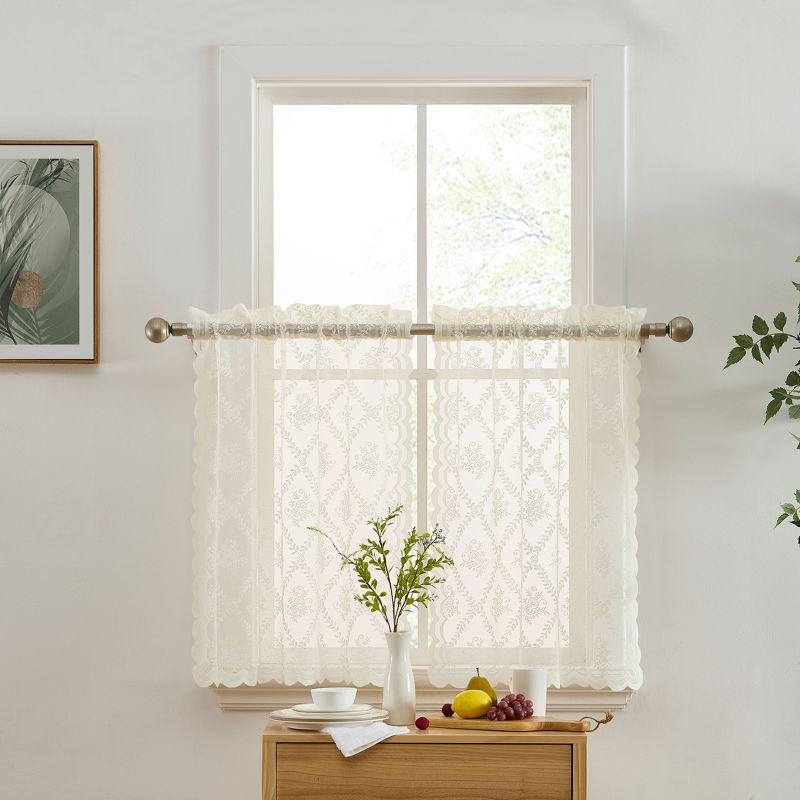 HLC.ME Isabella Floral Rod Pocket Lace Semi Sheer Voile Short Cafe Tiers for Small Windows - Ivory, Tiers - 28 W x 36 L