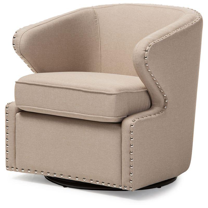 Finley Mid-Century Modern Swivel Armchair: Angular, Edge Piping, Nailhead Trim - Baxton Studio