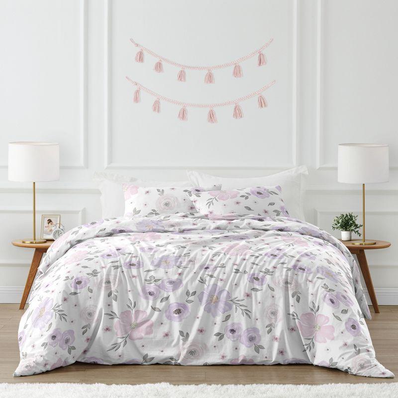 Lavender and Grey Watercolor Floral Cotton Queen Duvet Cover Set