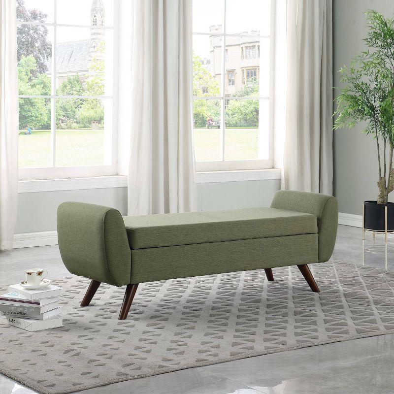 Olive Green Woven Modern Storage Bench with Mid-Tone Walnut Legs