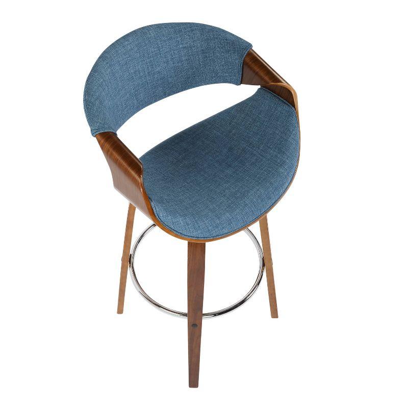 Mid-Century Blue Fabric Swivel Barstool with Walnut Wood Frame