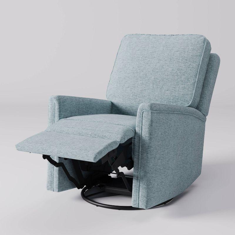 Soothing Spot Blue Swivel Recliner with Wooden Accents