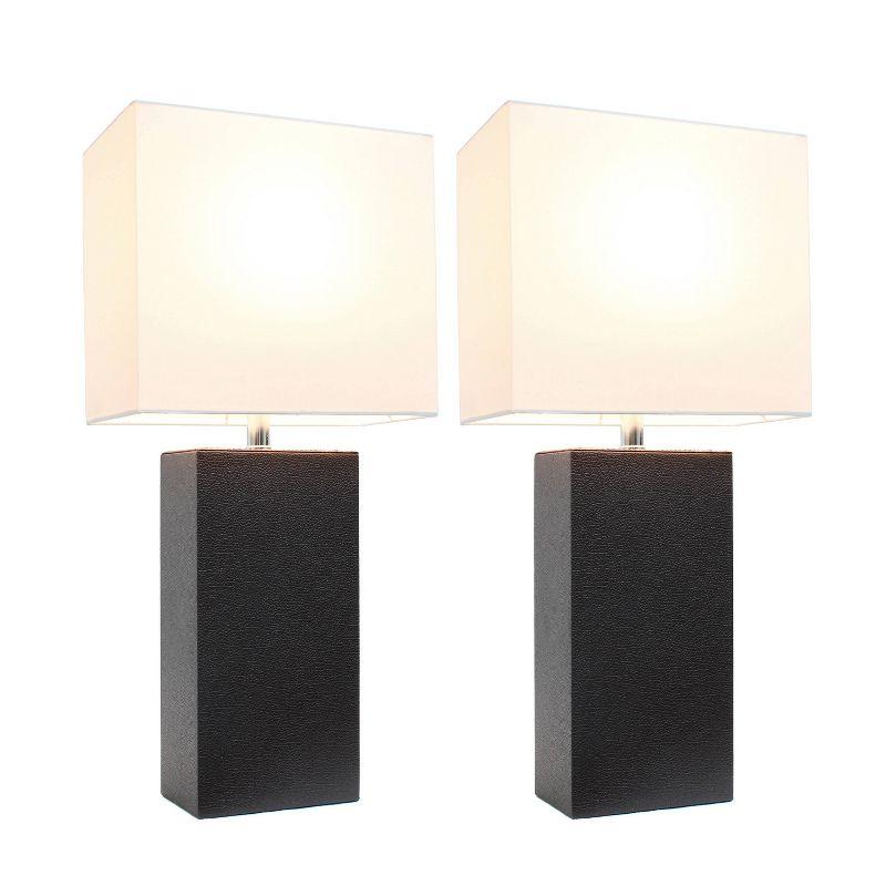 Elegant Designs Set of 2 Leather Table Lamps with Fabric Shades Espresso Brown: UL Listed, Cotton Shade, Metal Body, No Assembly Required