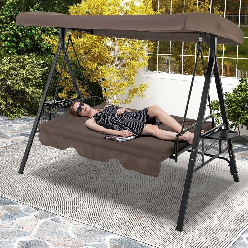 Costway 3-Seat Patio Porch Swing with Adjustable Canopy Soft Seat Back Cushions Side Tables Brown