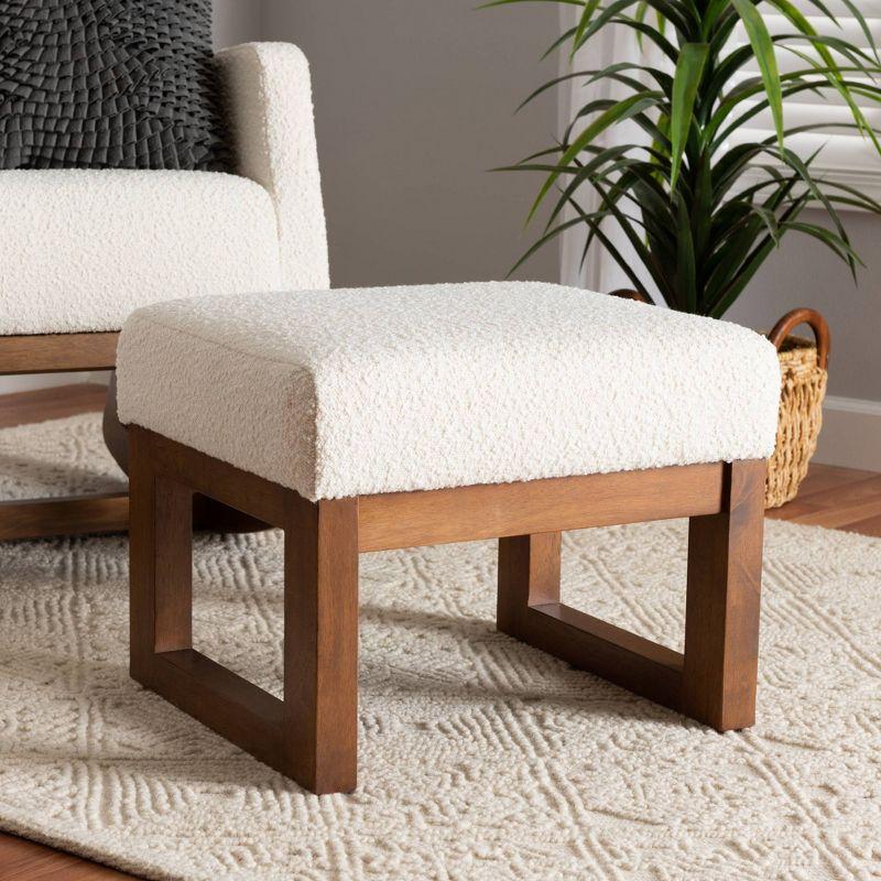 Yashiya Boucle Ottoman Footstool: Mid-Century Design, Rubberwood Frame - Baxton Studio