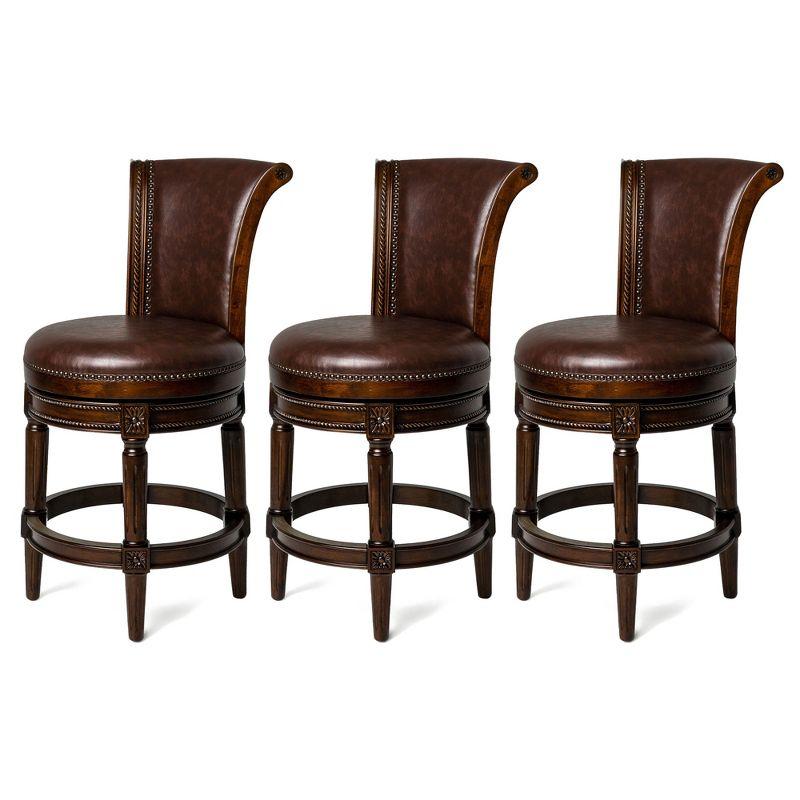 Walnut Swivel Counter Stool with Vegan Leather Upholstery, Set of 3