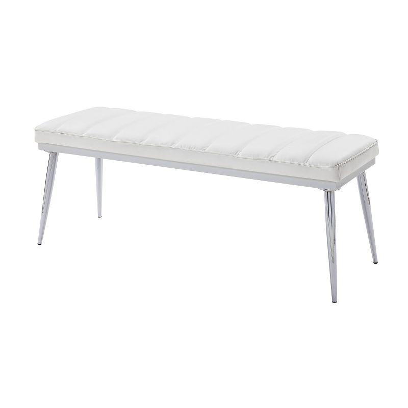 Contemporary Weizor Bench with Polished Chrome Finish and White Faux Leather