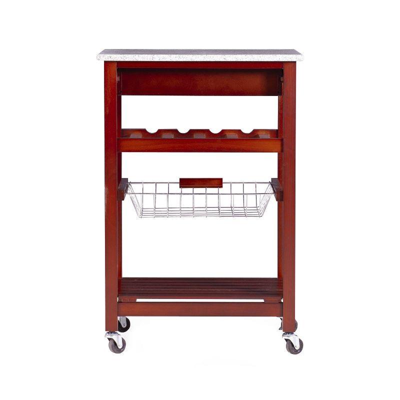 Small Red Pine Kitchen Cart with Granite Top and Wine Rack