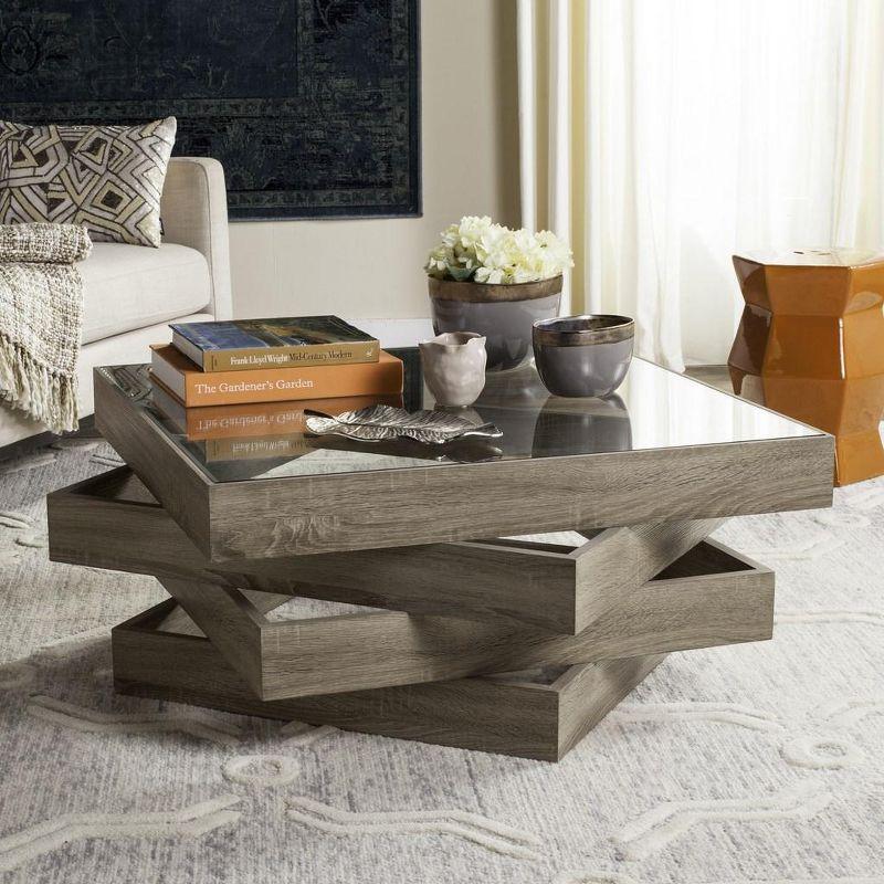 Transitional Geometric 34" Square Wood and Glass Coffee Table in Beige