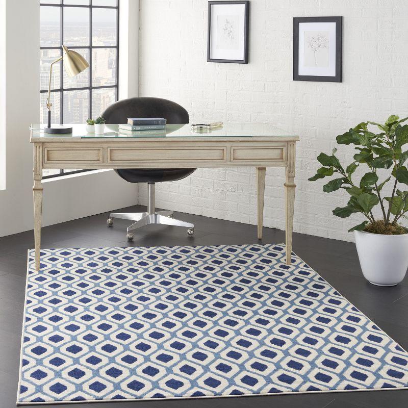 White and Navy Hexagonal Lattice 5' x 7' Synthetic Rug