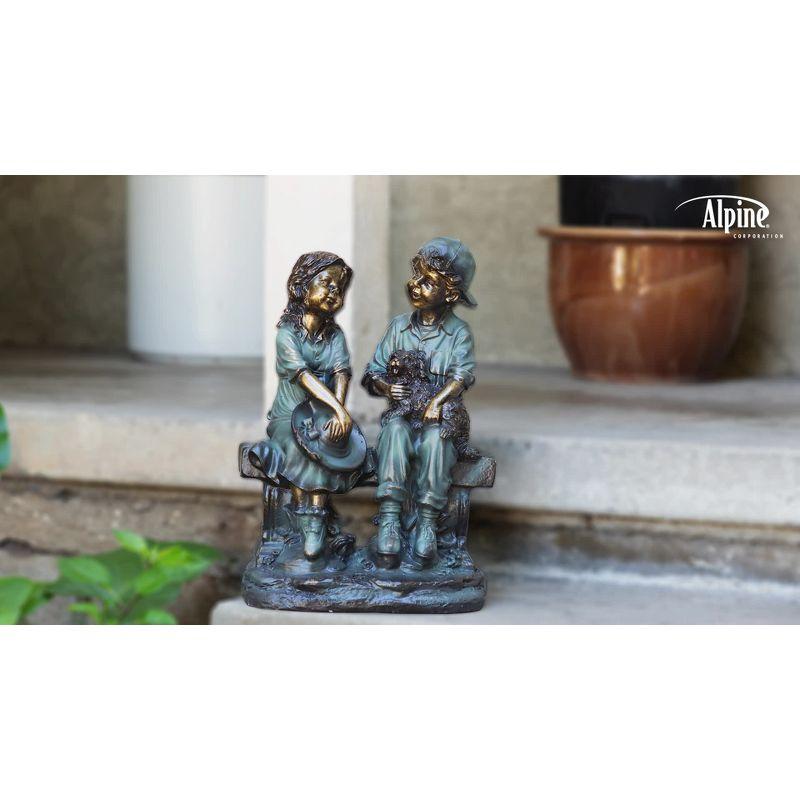Alpine Corporation 16" Polyresin Girl and Boy with Dog Sitting on Bench Sculpture Bronze: Durable Outdoor Decor, Magnesium Oxide, Rust-Resistant