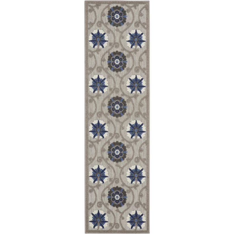 Blue/Grey Floral Flat Woven Synthetic Outdoor Rug, 2'3" x 8'