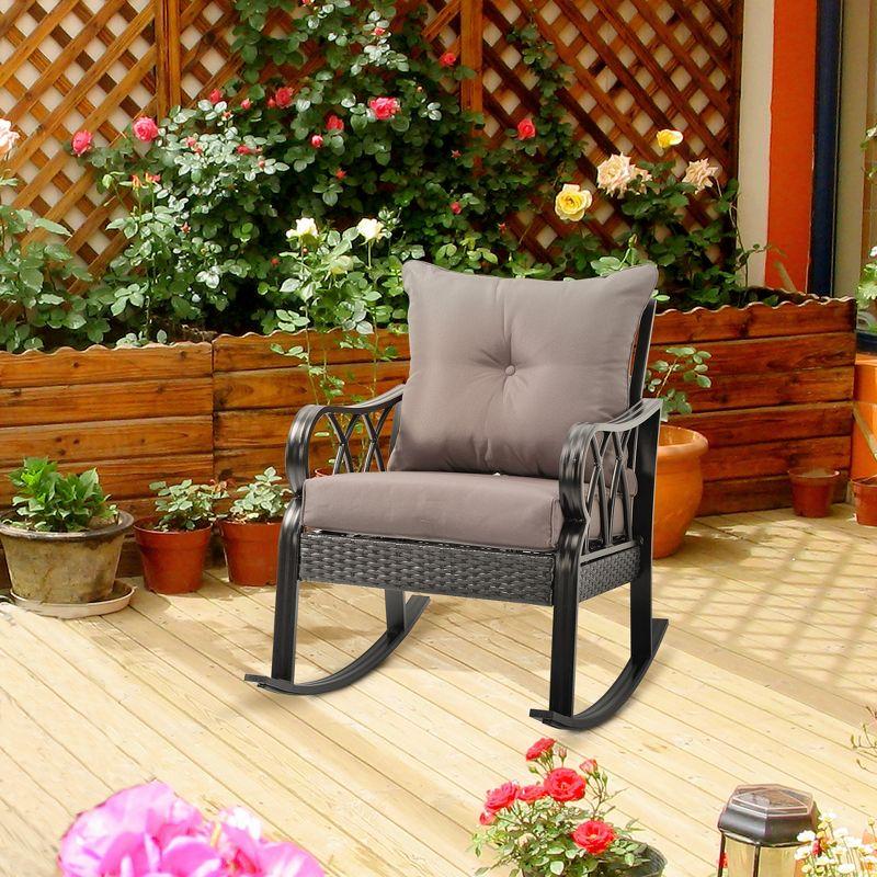 Outsunny Outdoor Wicker Rocking Chair with Padded Cushions, Aluminum Furniture Rattan Porch Rocker Chair w/ Armrest for Garden, Patio, and Backyard