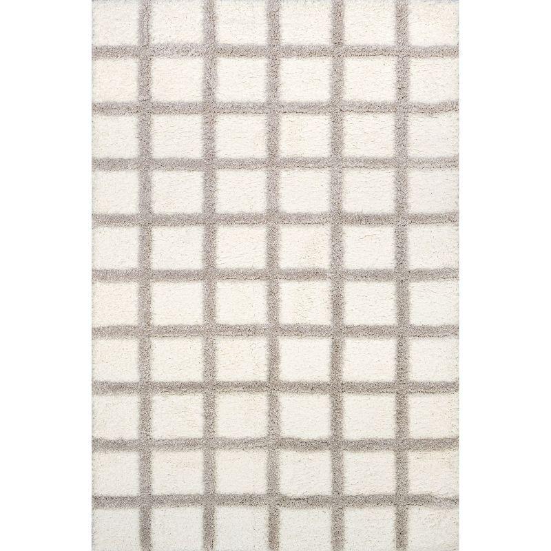 Beige and Gray Checkered Synthetic Shag Area Rug, 4' x 6'