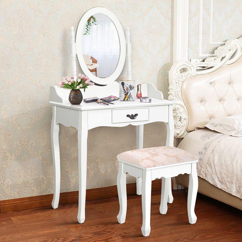 Tangkula Bathroom Vanity Wood Makeup Dressing Table Stool Set Jewelry Desk W/Drawer &Mirror White