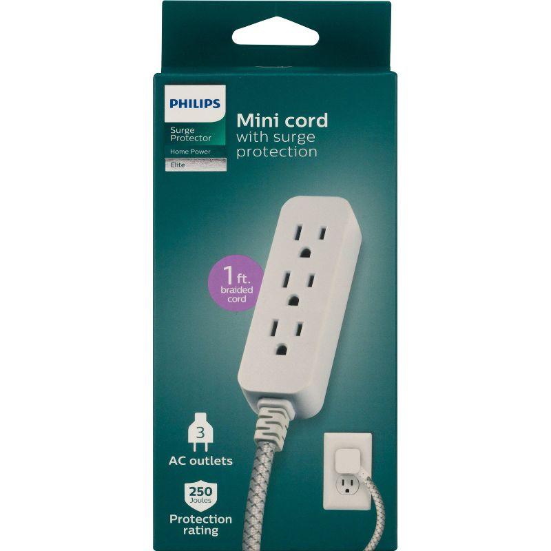 Philips 3-Outlet Surge Protector with 1 Ft. Extension Cord, Gray and White