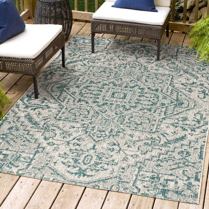 8'x10' Estrella Bohemian Medallion Textured Weave Indoor/Outdoor Area Rug, Teal/Gray - JONATHAN Y