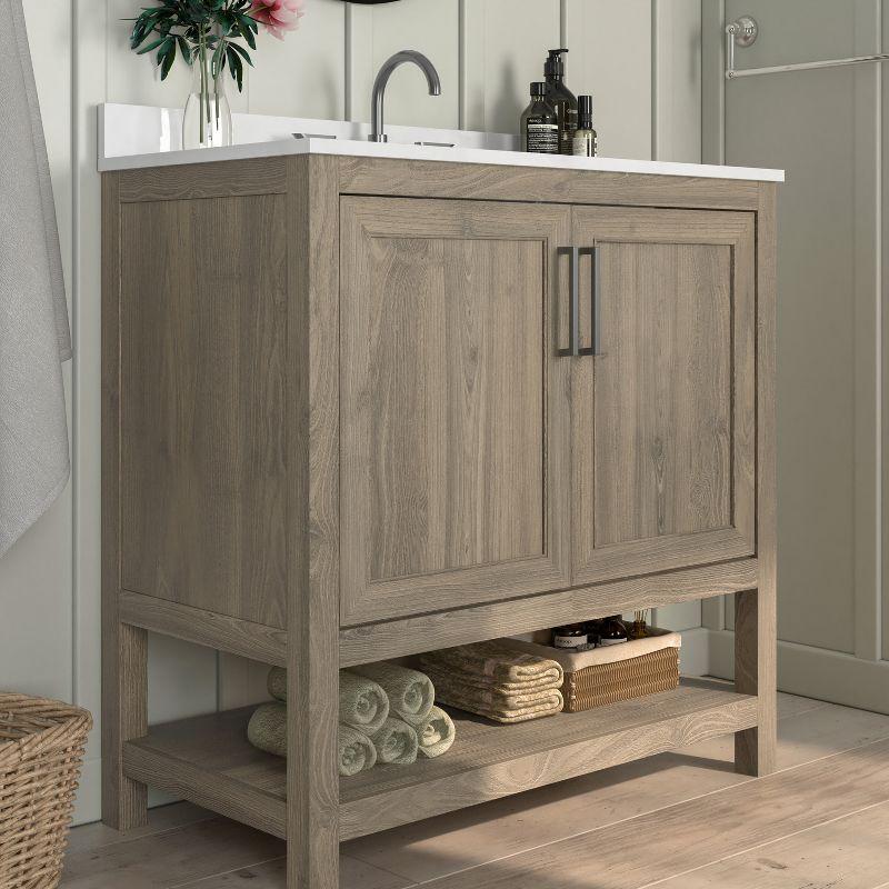 Emma and Oliver Bathroom Vanity, Single Sink Cabinet with 2 Soft Close Doors and Open Shelf, Carrara Marble Finish Countertop