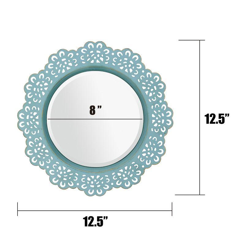 Blue Round Metal Lace Hanging Wall Mirror with Brass Highlights