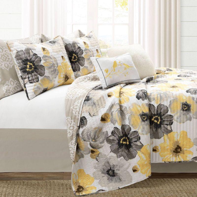 8pc Queen Leah Soft Reversible Oversized Quilt Set Yellow/Gray - Lush Décor