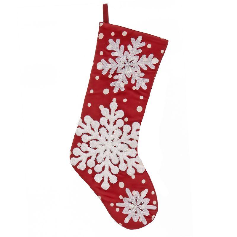 20" Red Christmas Stocking with Snowflake Embroidery and Bead Detail