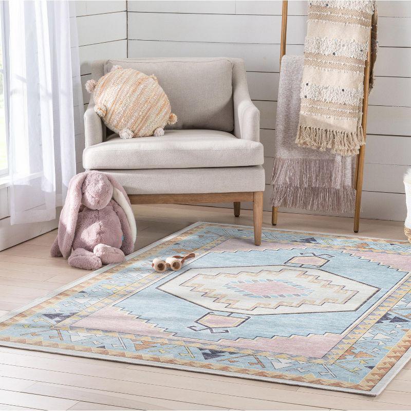 Apollo Well Woven Kids Rugs Ethnic Soft Medallion Modern Pink Light Blue Area Rug