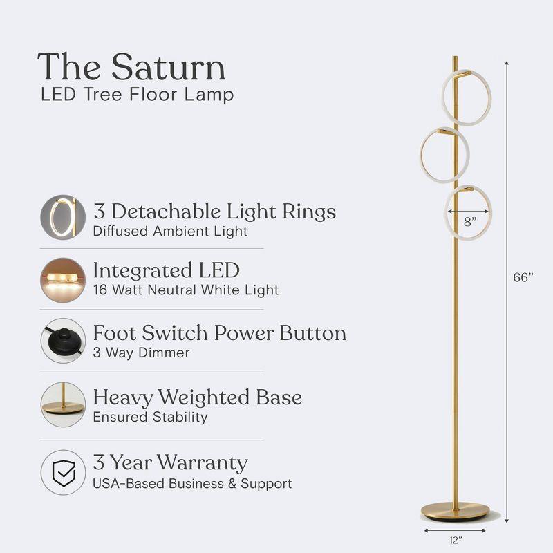 Brightech Saturn 66" Modern LED Floor Lamp with 3 Removable Ring Lights and Gold Finish, 3-Way Dimming