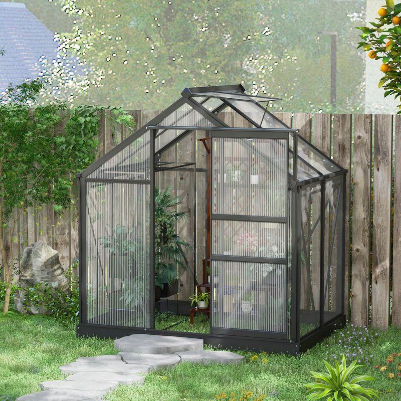 Outsunny 6.2' x 4.3' x 6.6' Polycarbonate Greenhouse, Heavy Duty Outdoor Aluminum Walk-in Green House Kit with Vent & Door for Backyard Garden, Gray