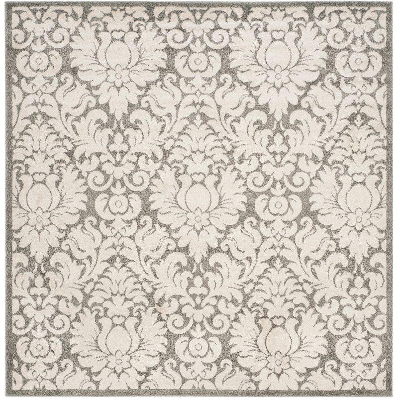 Gray and Cream Damask Square Synthetic Area Rug