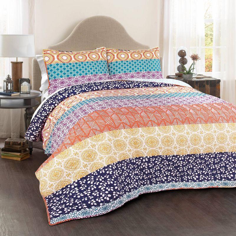 3pc Bohemian Stripe Reversible Oversized Cotton Quilt Bedding Set - Lush Décor