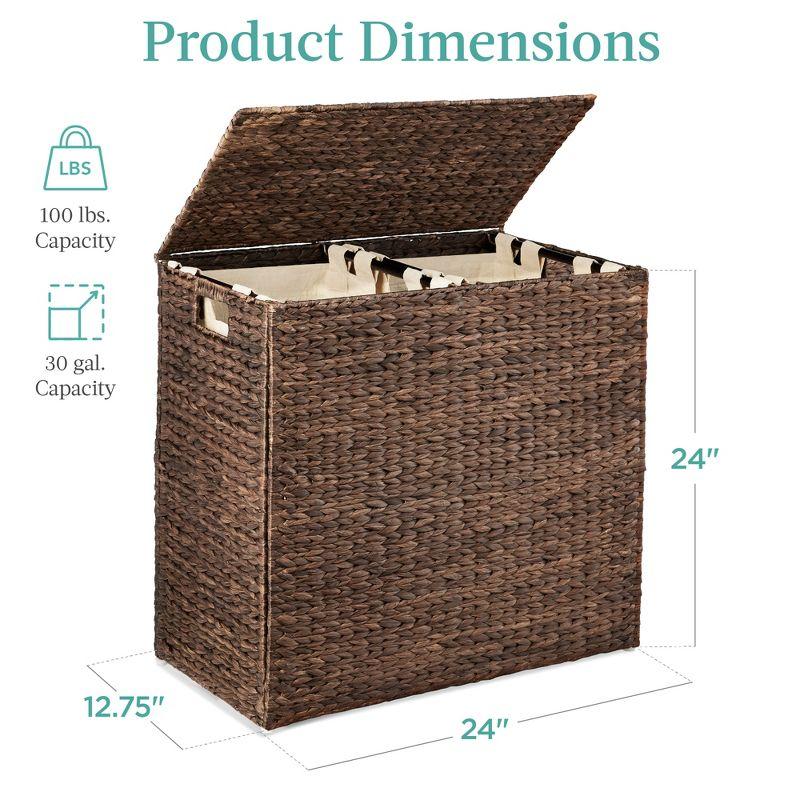 Best Choice Products Large Natural Water Hyacinth Double Laundry Hamper Basket w/ 2 Liner Bags, Handles - Espresso