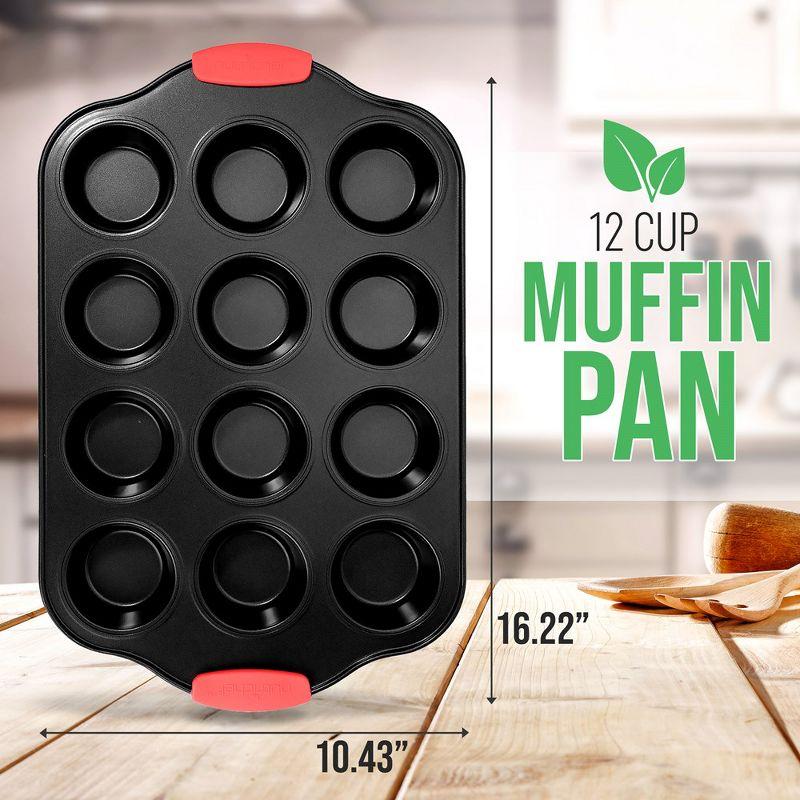 NutriChef 12-Cup Nonstick Carbon Steel Muffin Pan with Red Silicone Handles