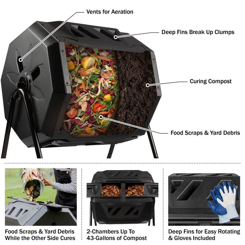 Pure Garden Compost Tumbler - 43Gal Compost Bin with Dual Chambers, 360-Degree Rotating Design, and Garden Gloves Included - Homesteading Supplies