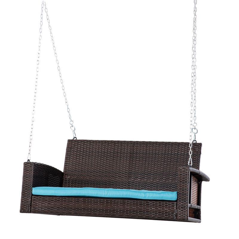 Outsunny 2-Person Wicker Hanging Porch Swing Bench, Front Porch Swing Outdoor Chair, Cushions 550lbs Weight Capacity for Backyard, Garden, Sky Blue