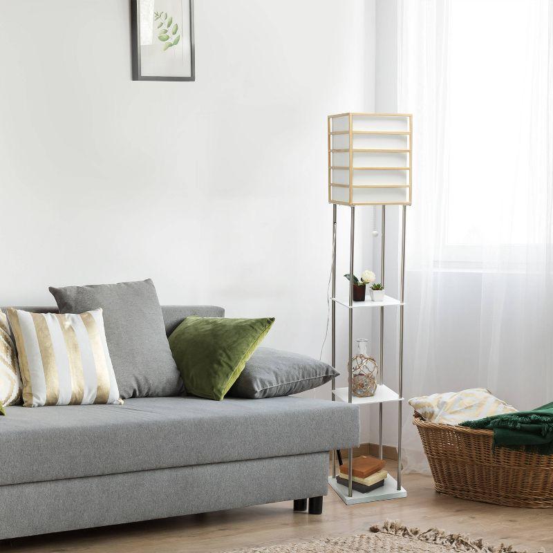 White Metal Etagere Floor Lamp with Storage Shelves and Linen Shade